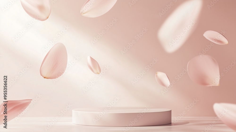 Poster an elegant 3d podium with empty space, surrounded by floating abstract petals, set against a pastel 
