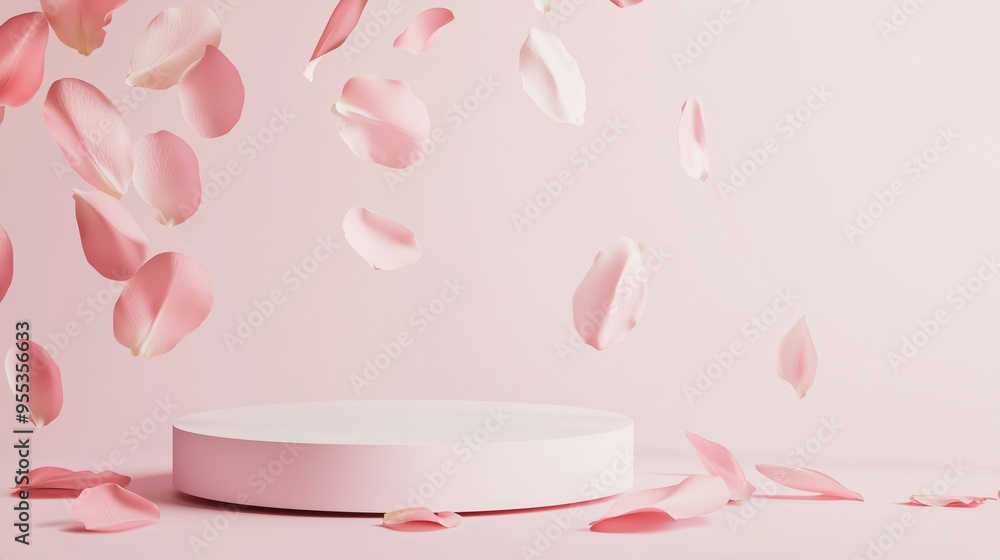 Aufkleber an elegant 3d podium with empty space, surrounded by floating abstract petals, set against a pastel 