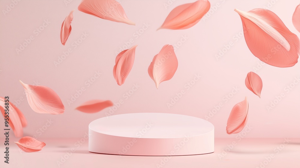 Aufkleber an elegant 3d podium with empty space, surrounded by floating abstract petals, set against a pastel 