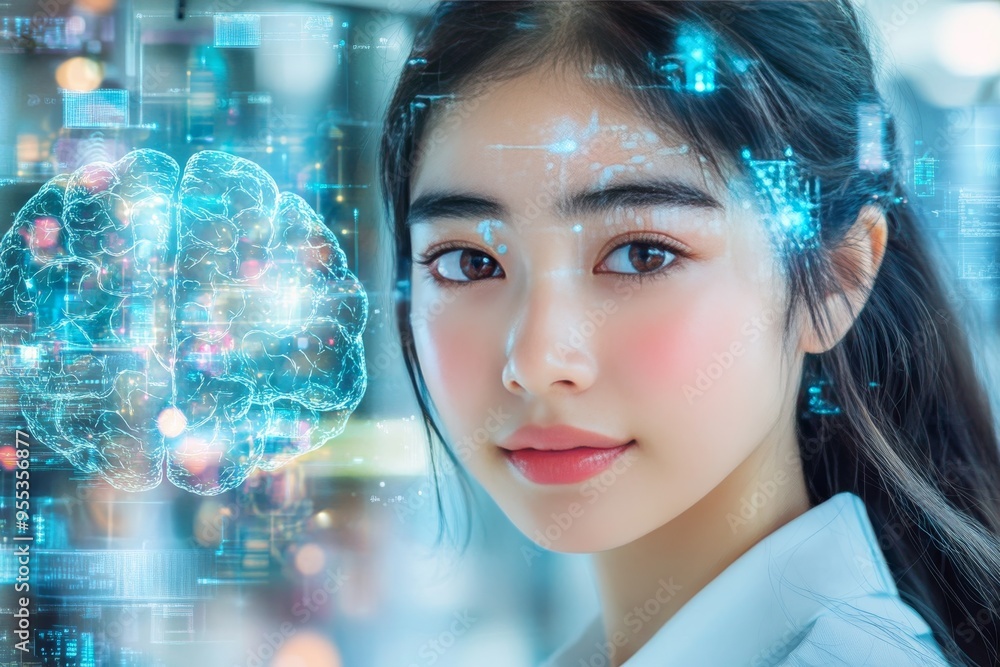 Aufkleber neurobehavioral disorders synaptic transmission close up of a young woman with glowing neural patter