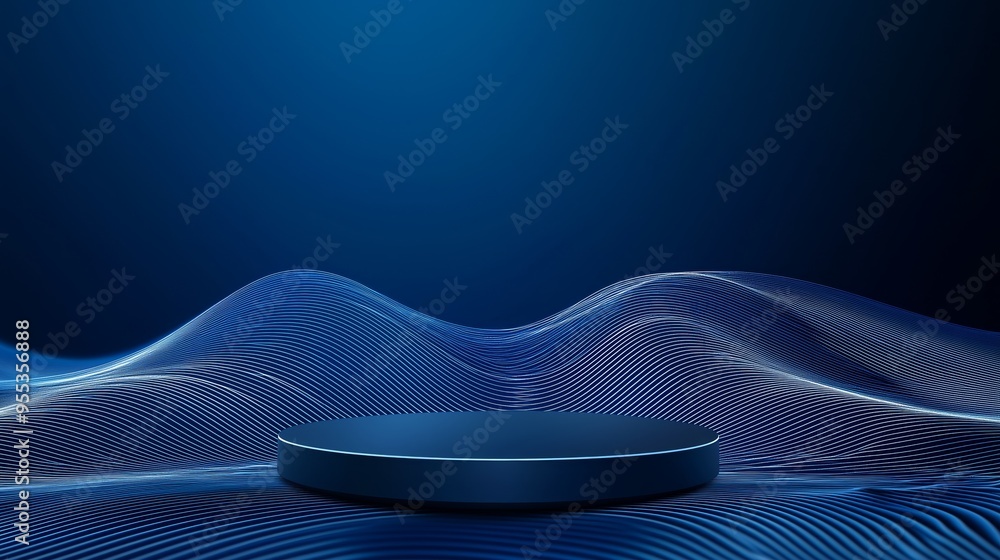 Poster a sleek 3d empty podium with a spacious top, surrounded by digital wave patterns, set against a deep