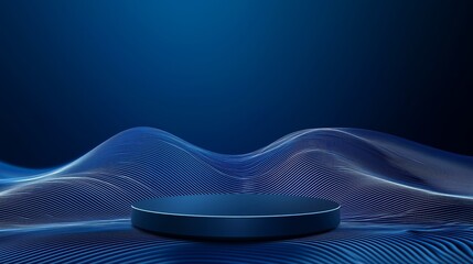 A sleek 3D empty podium with a spacious top, surrounded by digital wave patterns, set against a deep blue background, ideal for tech and digital services advertising