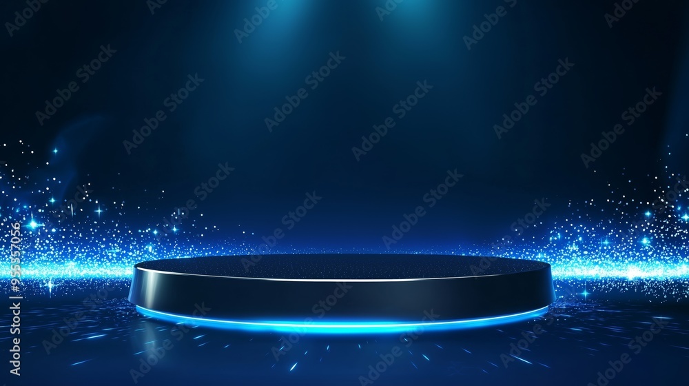 Poster a sleek 3d podium with a large empty area, surrounded by abstract cloud patterns, set against a brig