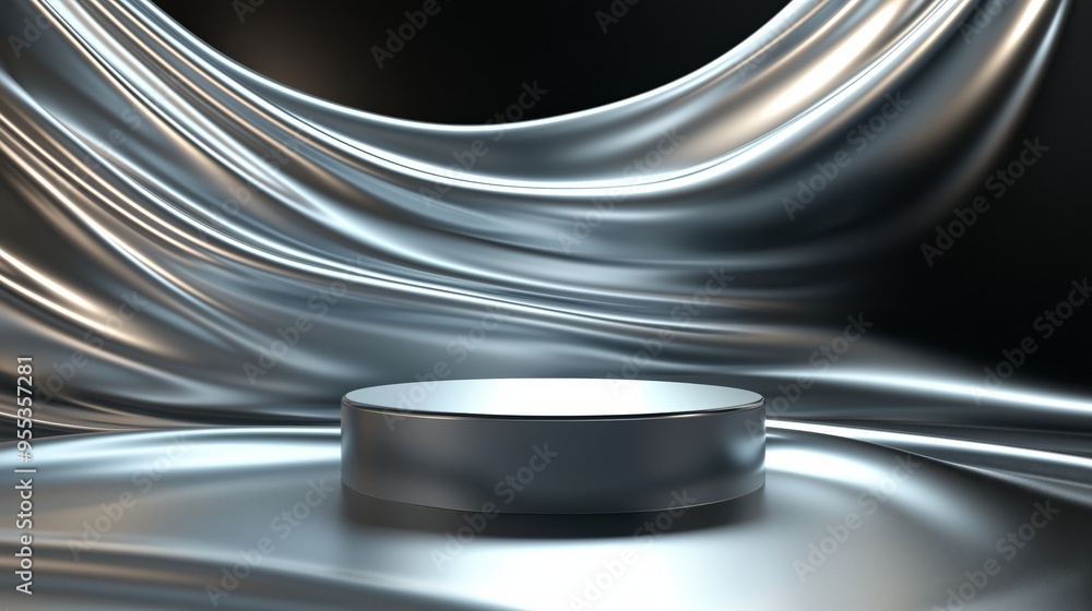 Poster a sleek 3d empty podium with ample space on top, surrounded by dynamic swirling light effects, set a