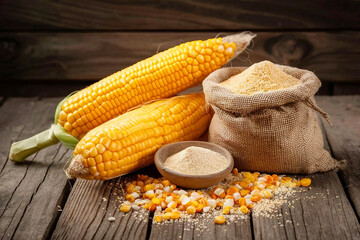 Corn cobs next to a sack of cornmeal on rustic wooden table. Ai Generated