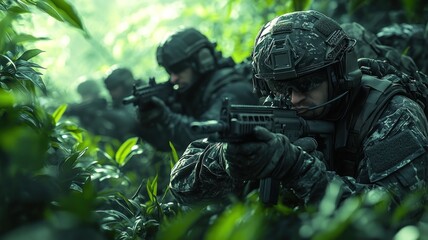 Soldiers in jungle ambush. Camouflaged, ready to engage.