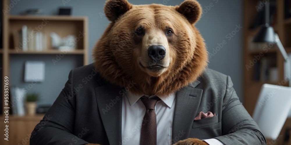 Wall mural fat brown bear with strict expression of muzzle in suit and tie is sitting in office in his cabinet 