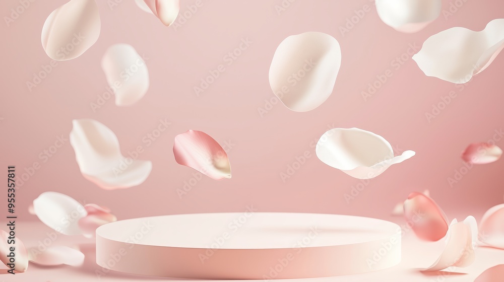 Poster an elegant 3d podium with empty space, surrounded by floating abstract petals, set against a pastel 
