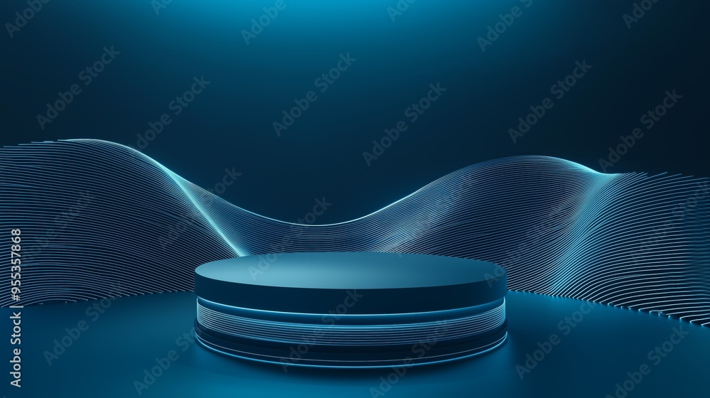 Aufkleber a sleek 3d empty podium with a spacious top, surrounded by digital wave patterns, set against a deep