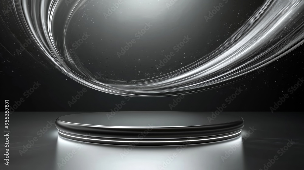 Poster a sleek 3d empty podium with ample space on top, surrounded by dynamic swirling light effects, set a