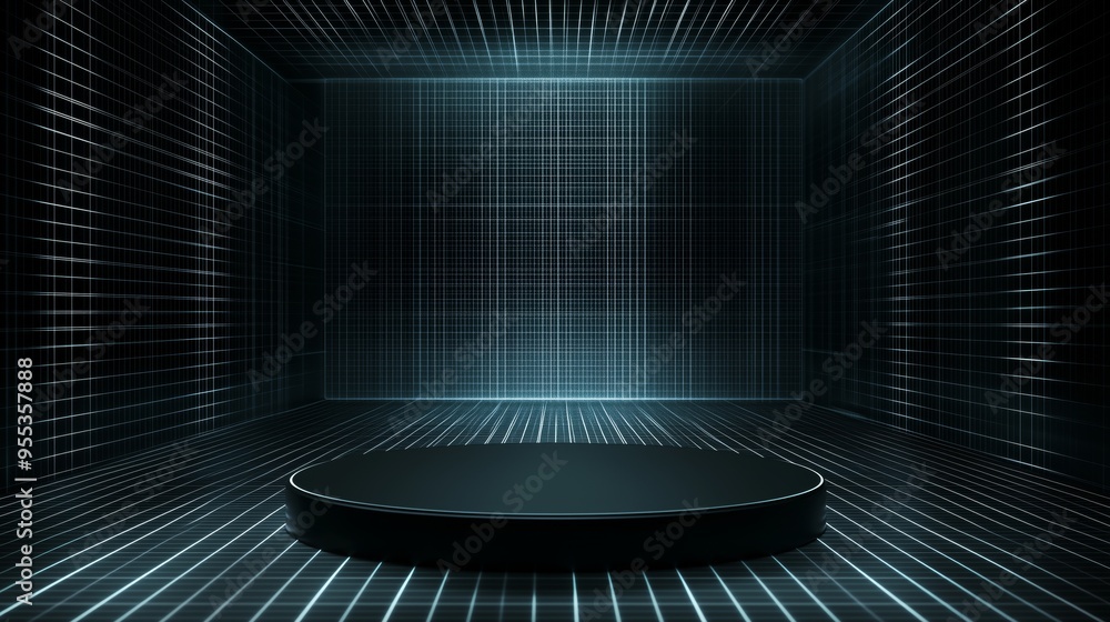 Aufkleber an elegant 3d podium with ample empty space, framed by glowing digital grids, set against a futurist