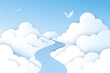A serene landscape of soft clouds and a winding river under a bright blue sky, invoking feelings of tranquility and peace.