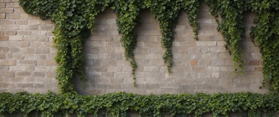 Climbing ivy on a brick wall Green leaves and branches of ivy on a stone wall.