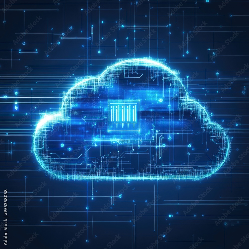 Poster abstract cloud storage illustration with glowing elements, representing data management and digital 