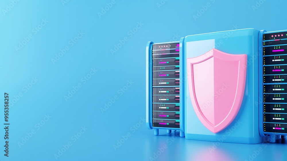 Poster 3d illustration of a data server with a pink security shield on a blue background, representing data