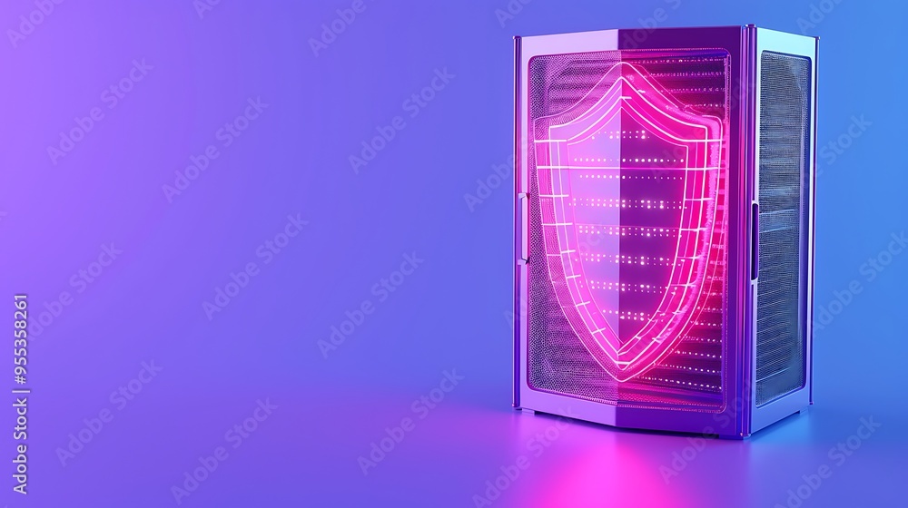 Poster 3d illustration of a data server with a neon shield representing cybersecurity and data protection o