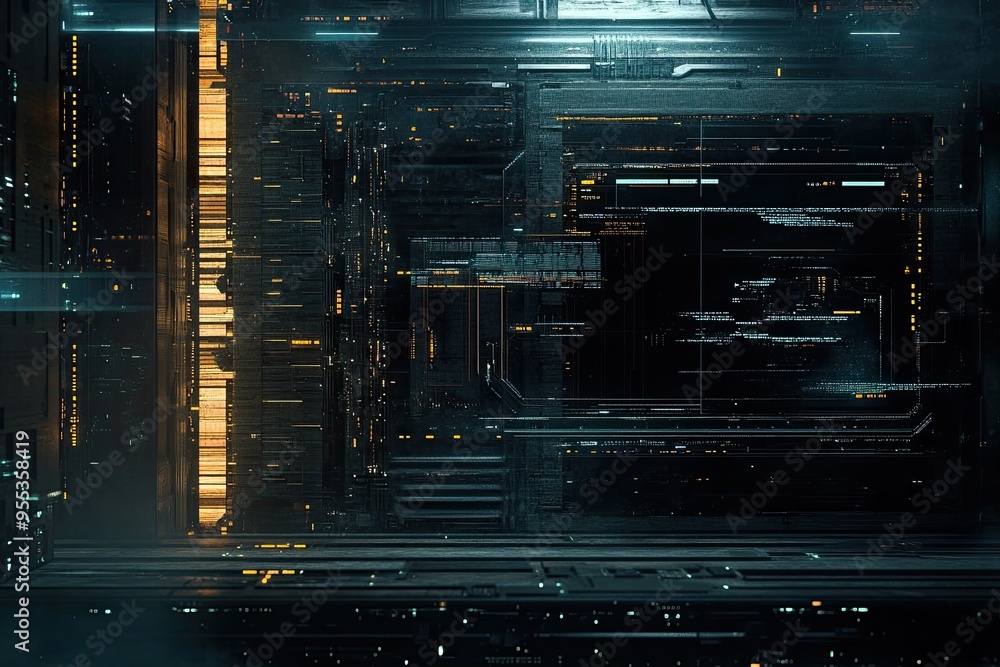 Poster futuristic digital landscape displaying intricate lines and glowing elements, perfect for technology