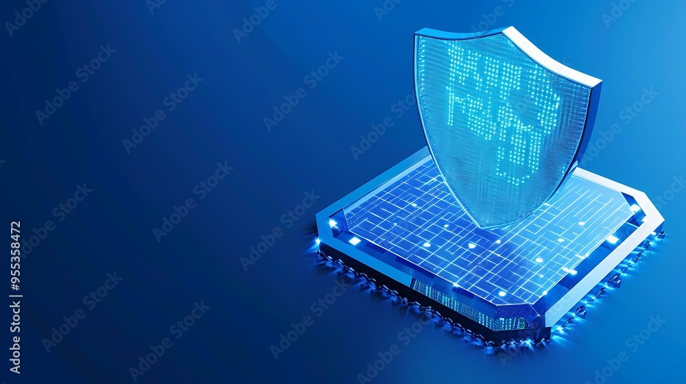 Poster 3d illustration of a digital shield protecting a computer chip, symbolizing cybersecurity, data prot