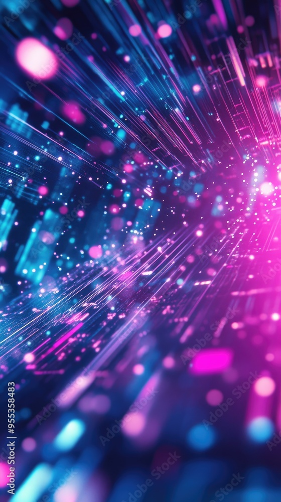 Poster vibrant abstract background featuring dynamic lines and glowing particles in shades of blue and pink