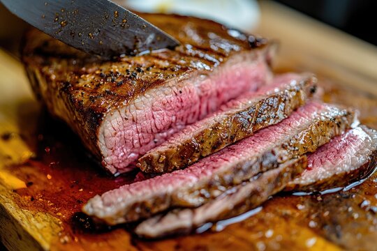 Sliced steak showing juicy and tender texture, perfect for a gourmet meal presentation or culinary inspiration.
