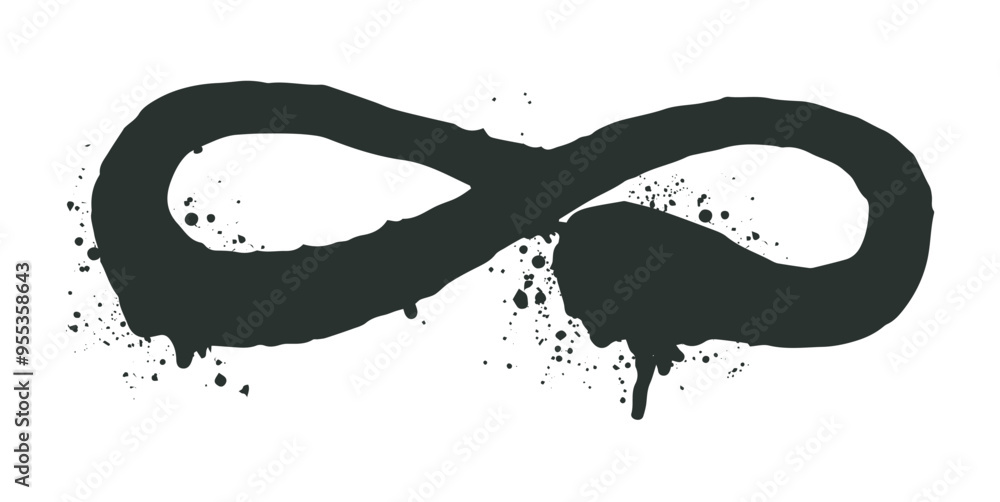 Poster flat vector illustration of an infinite symbol represented with black paintbrush strokes and splatte
