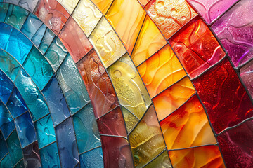 Fototapeta premium Medieval random pieces of glass pattern with backlight. Abstract background with colorful stained glass mosaic, multi-layer stained glass