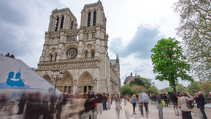 Cathedral Notre Dame de Paris on Cite island in Paris, France timelapse hyperlapse