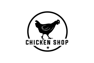 Chicken farm bird countryside agricultural fowl monochrome vintage icon vector illustration. Creative Chicken shop logo with circle and star on white background.