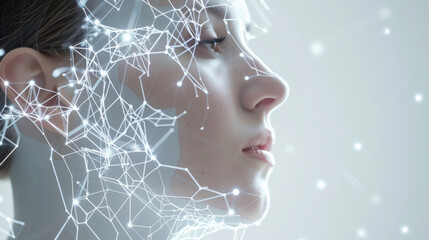 Close-up of a young woman's face with white glowing lines connected in a network on a white background. Concept of technology, analysis and development.