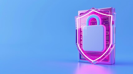 3D illustration of a glowing pink lock and shield over a circuit board representing cybersecurity and data protection on a blue background.