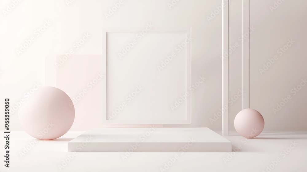 Poster a stylish 3d podium with a large empty area, framed by floating geometric shapes, set against a soft
