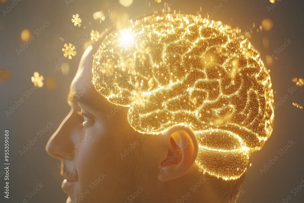 Poster brain mapping neuroplasticity mans head illuminated by glowing puzzle pieces representing the light 