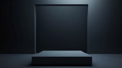 A minimalist 3D podium with a large empty area, framed by digital glitch effects, set against a dark grey background, perfect for modern tech and gaming advertising