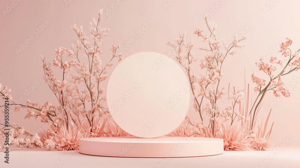 Poster a stylish 3d podium with ample empty space, framed by delicate floral patterns, set against a light 