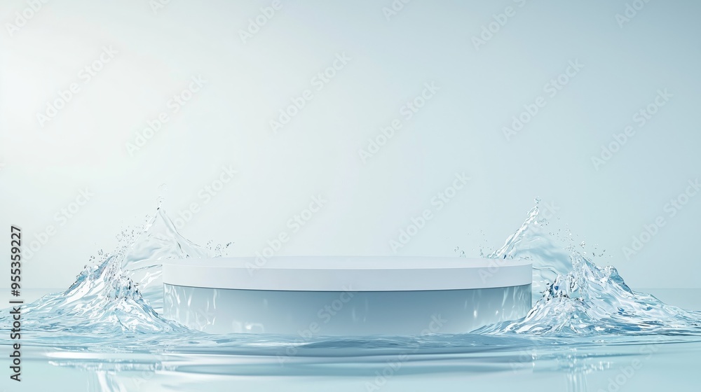 Poster a sleek 3d podium with ample empty space, surrounded by cascading water effects, set against a light