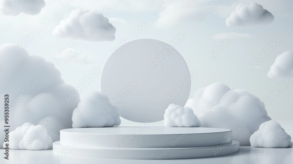 Aufkleber a sleek 3d podium with a large empty area, surrounded by abstract cloud patterns, set against a brig