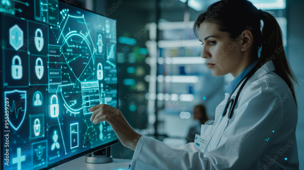 Poster portrait of a scientist in a white coat working in a modern secure laptop computer with a large scre