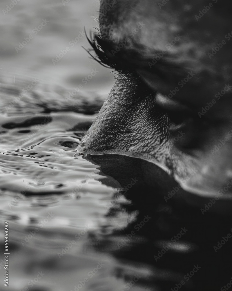 Poster close up of a person s face partially submerged in water, capturing reflections and textures in a bl