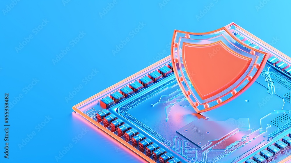 Poster 3d illustration of a microchip with a shield icon, representing digital security and data protection