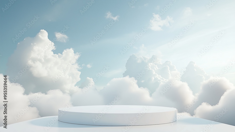 Aufkleber a sleek 3d podium with a large empty area, surrounded by abstract cloud patterns, set against a brig