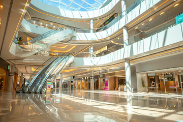A modern shopping mall with a spacious atrium illuminated by natural light falling through a glass dome. Smooth lines and elegant design. Several escalators and stores with beautiful storefronts.