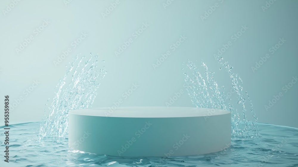 Poster a sleek 3d podium with ample empty space, surrounded by cascading water effects, set against a light