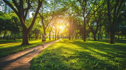 Obraz premium Athletic woman jogging through a picturesque park with sunlight filtering through lush green trees
