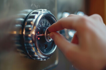 A human hand setting the temperature on an analog thermostat. The thermostat is made in a retro style with a round shape and a chrome case. setting the temperature on the thermostat.