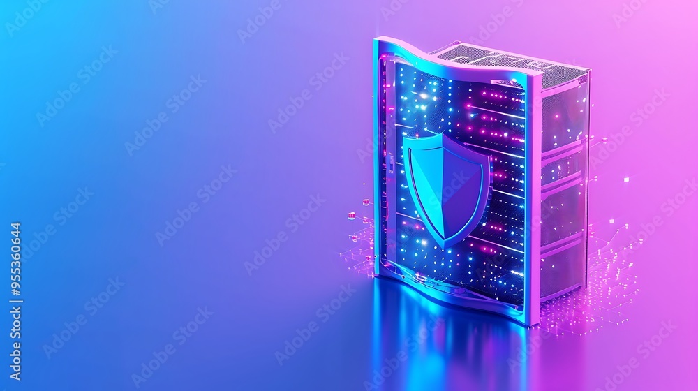 Poster 3d illustration of a secure server protected by a digital shield in a vibrant futuristic environment