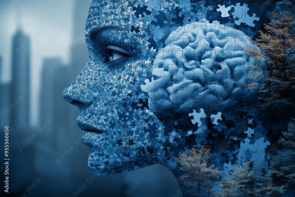 Poster thought processes neuroplasticity womans face composed of digital particles and a brain symbolizing 