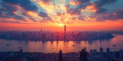 Fototapeta premium Sunset Over a Cityscape With a River