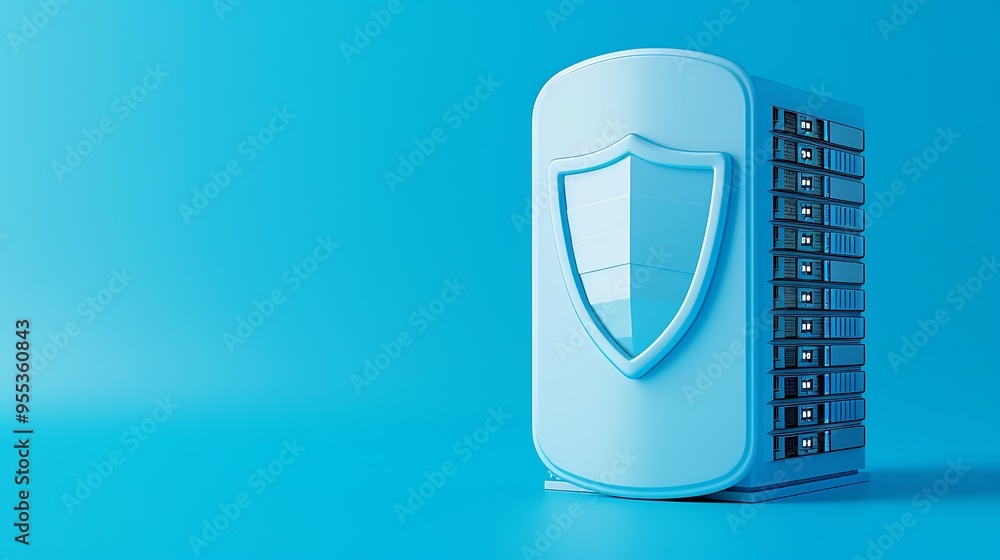 Poster 3d illustration of a secure server with a shield symbol, representing data protection, cybersecurity