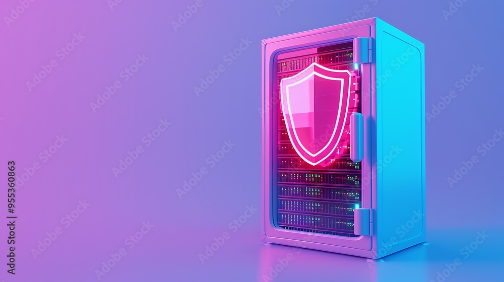 Poster 3d illustration of a secured data server with a glowing pink shield, emphasizing cybersecurity and d