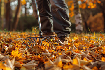 A photograph of a persons legs standing on the ground covered with yellow fallen leaves. He holds a rake in his hands, with which he gathers the leaves, autumn.